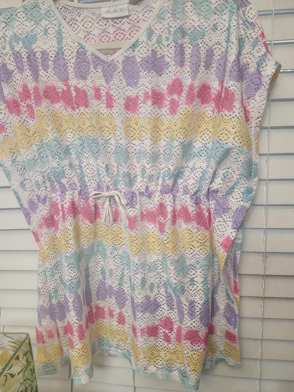 Pastel Striped Crochet Drawstring Tunic For Swimsuit Cover-up.